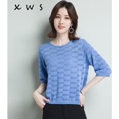 Blue white summer Sweater Women solid Knitted Sweater Pullovers short sleeve tops hollow out Wave Cut V-neck Basic office 2019