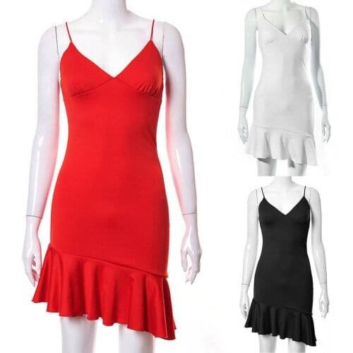Women Fashion Sexy Sleeveless Dress Backless Dress V-neck Ruffles Bodycon Sling Dress for Daily Wear Dating Party Club