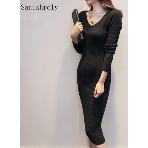 V Neck Sweater Dress 2021 Autumn Winter Women Long Sheath Pullover Knitted Dress Female Long Sleeve Bottoming Bodycon Dresses