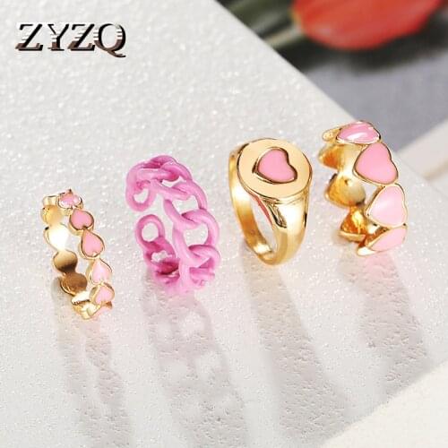 ZYZQ ins New 4pcs Sweet Pink Love Ring Set Creative Cute Simple Ring For Women Girls Fashion Personality Gift Jewelry 2021