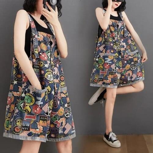 2021 Summer New Denim Jumpsuits Women Large size Denim Overalls Cartoon Print Shorts Casual Loose Rompers & Playsuits Plus size