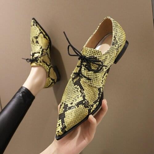 2021 Spring Autumn PU Brand Women Singles Shoes Front Tie Printed Pointed Boat Shoes Ladies Casual Shoes Pumps Large Size 34-43