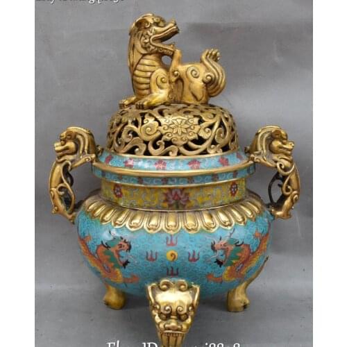 21" China Cloisonne Bronze 24K Gold Gilt Dragon Lion Beast Incense Burner Censer