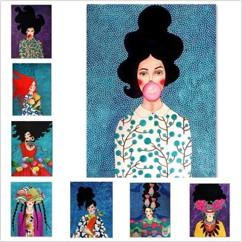 Abstract Girl Hair Flower Bird Wall Art Canvas Painting Vintage Nordic Poster Prints Wall Pictures for Living Room Decor