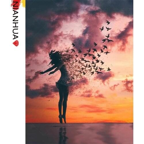 Diamond Mosaic Painting Sunset Glow Woman Love Swallow Group DIY Gift 5D Mural Art Square Round Photo Embroidery Set
