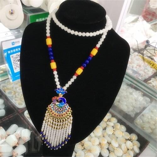 Pretty Natural xinjiang hetian white jade Necklace Roasted Blue Peacock Pendant Lucky Girl Sweater Chain Necklace Jewelry