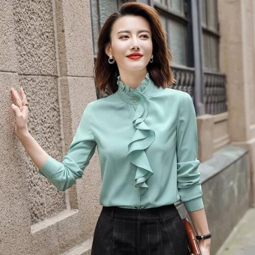 IZICFLY Autumn Spring New Style Stand Green Collar Shirt Women Long Sleeve Fashion Korean Tops Office Business Blouse Work Wear