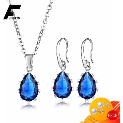 925 Silver Jewelry Set Necklace Earrings Water Drop Shape Sapphire Gemstone Pendant Drop Earring for Women Wedding Engagement