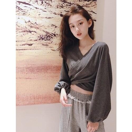 Crop Top Female Puff Sleeve Top Blouse Women V Neck Cross Sexy Off Shoulder Tee Shirt Autumn Spring 2021 Fashion New Basic Shirt