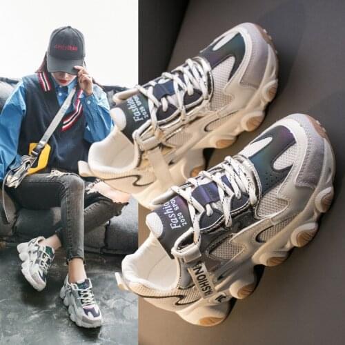 4 Colors New Women Fashion Sneakers Sping Autumn Girl Patchwork Upper Reflect Light Casual Sport Platform Shoes Trainers