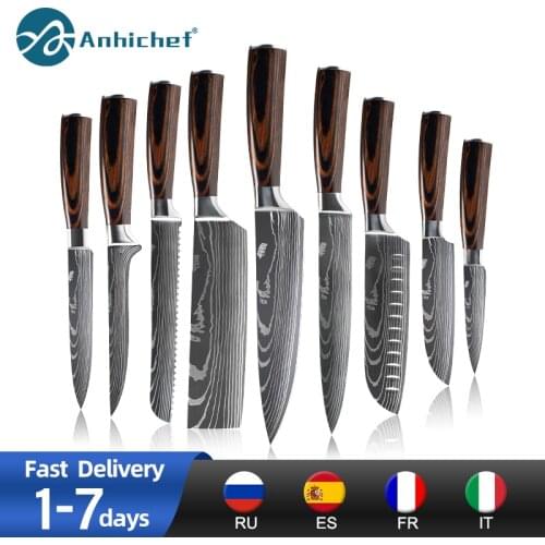 Kitchen Knives Set 7CR17 440C Stainless Steel Knife Laser Damascus Pattern Japanese Santoku Cleaver Slicing Utility Chef Knife