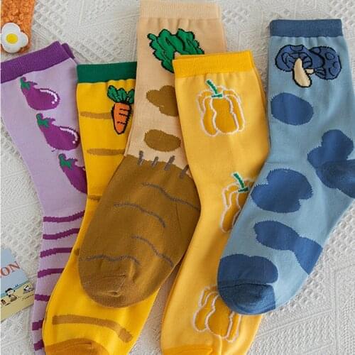 Cute Healthy Vegetable Print Women Socks Cartoon Pumpkin Carrot Cabbage Design Cotton Socks Fashion Strawberry Fruit Female Sox