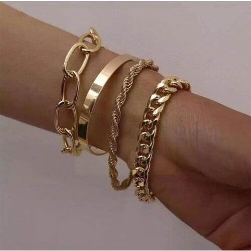 2021New Alloy 4-piece Hip Hop Cuban Bracelet Punk Metal Men Jewelry Chain Rope Twisted Bracelet Women Gift V9G7