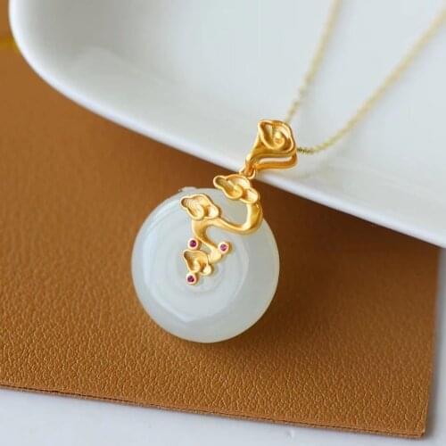 New silver inlaid natural Hotan white Chalcedony Xiangyun Pendant Necklace Chinese style classical palace womens brand jewelry