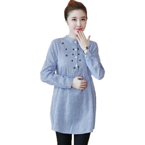 Autumn Maternity Shirts Summer Blouse Tops Clothes for Pregnant Women Waist Pleated Embroidery Cotton Shirts Pregnancy Clothes