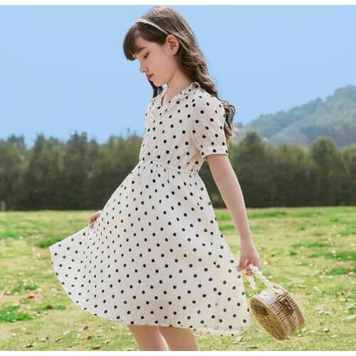 Princess Dot Print Girl Dresses Summer Lovely Short Sleeve Knee Length Gowns Kids Outdoor Casual Vacation Holiday Dress 5 - 14y