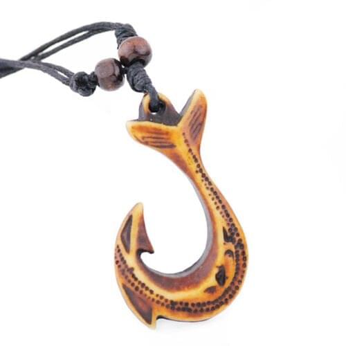 Tribal Style Yak Bone Powder Carving New Zealand Maori fishhook Pendant Necklace Amulet GIFT MN228