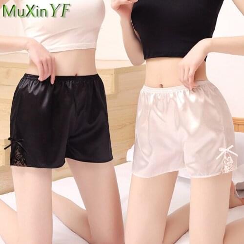Womens Summer Thin Stain Shorts Under Skirts Girls Sweet Lace Bow-Knot Solid Black Safety Short Pants Lady Loose Home Wear