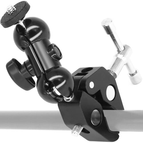 Heavy Duty Aluminum Alloy Ball Head Arm Super Clamp Mount Multi-Function Double Ball Adapter 1/4''-20 Stud with Bottom Clamp