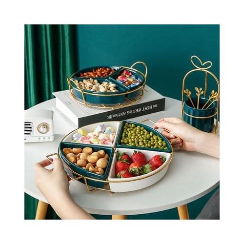 Fruit Plate Living Room Fruit Snack Divider Plate Platter Iron Ceramic Snack Plate Household Round Tableware Restaurant Supplies
