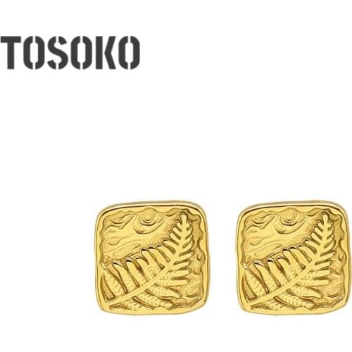 TOSOKO Stainless Steel Jewelry Ins Style Leaf Earrings New Small And Exquisite Female Square Carving Earrings BSF378