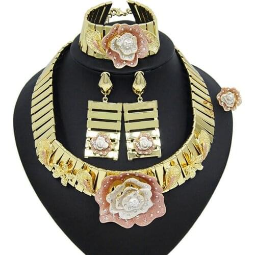 Yulaili Top Quality Dubai Gold Jewelry Sets Charm Choker Necklace Drop Earrings Bracelet Ring Wedding Bridal Jewelery Set