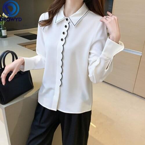 2021 Summer Fashion Shirts Women Turn-down Collar White Vintage Blouse Female Single-breasted Long-sleeve Blouses Casual Tops