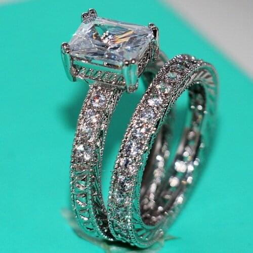 Size 5-10 Princess Cut Luxury Jewelry White AAA CZ Zirconia 10kt white gold filled Women Wedding Band Bridal Ring set gift