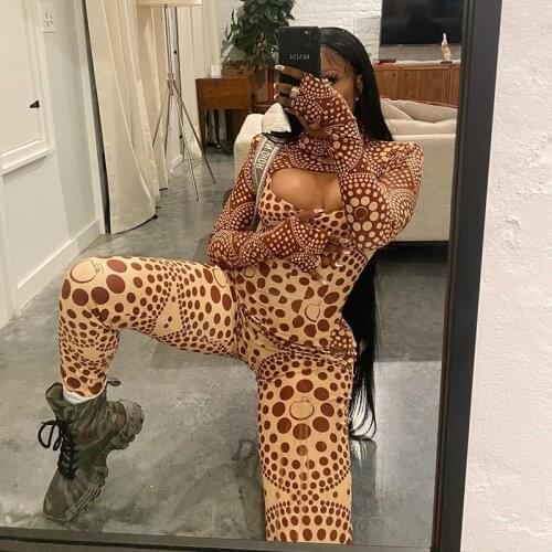 Vintage Floral Print Jumpsuit Women Two Piece Set Sexy Sleeveless Flare Pants Jumpsuit + Long Sleeve Crop Top Romper Clubwear