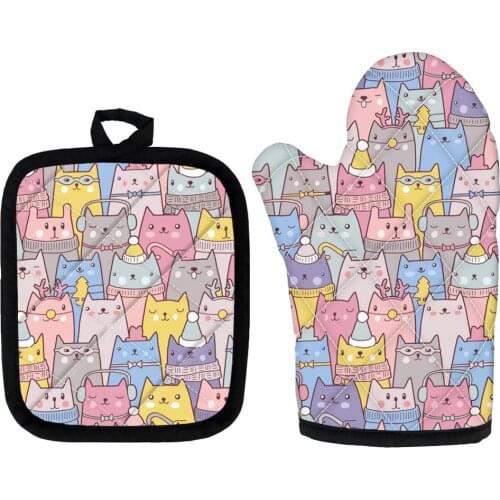 2pcs Kitchen Gloves Insulation Cute Cat Print Pad Cooking Microwave Gloves Baking BBQ Oven Potholders Oven Mitts Kitchen Gloves