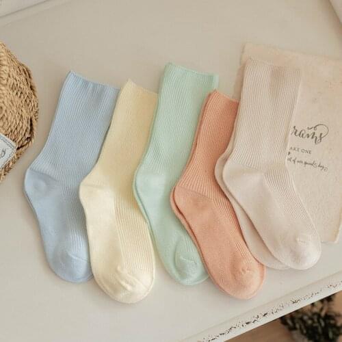 5pcs Children Socks Spring Autumn Cotton Boys Girls Soft Double Needle Cotton Tube Socks Kids Solid Candy Color Sport Socks