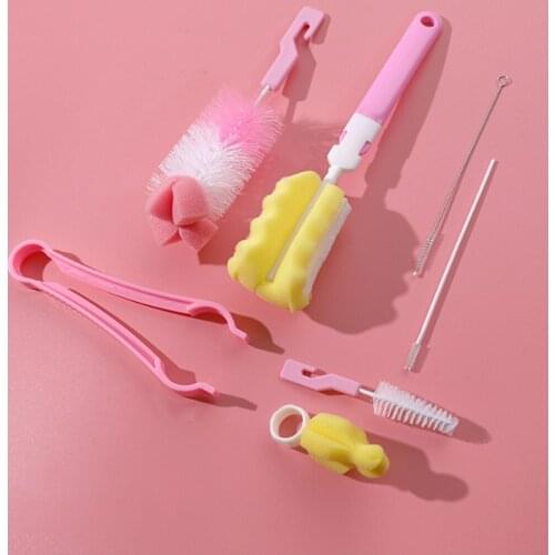7pcs/set Milk Bottle Sponge Washing Brush Tool With Handle Utensils Infant Toddler Spout Tube Teat Water Cup Brushes Set