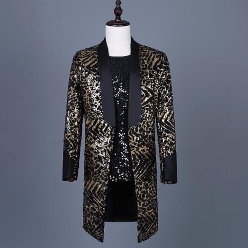 Long Blazer for Male Singer Personality Leopard Printing Windbreaker Nightclub Jacket for Men