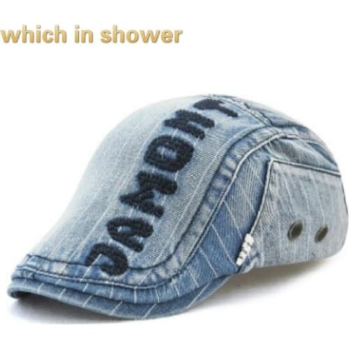 Which in shower unisex denim beret women men letter striped flat cap casual male female jean duckbill sun hat fashion peaked hat