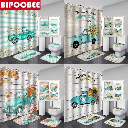 Truck Pumpkin Sunflower Shower Curtain Floral Autumn Bathroom Decor Fabric Bath Curtains Non-Slip Carpet Toilet Lid Cover Mat