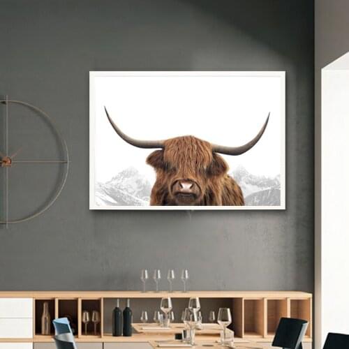 Highland Cattle Canvas Art Posters and Prints Painting, Black White Cow Portrait Wall Pictures for Home Decoration