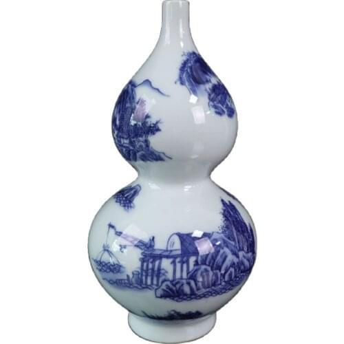 Chinese Old Porcelain Gourd Bottle With Blue And White Landscape Pattern