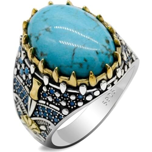 2021Vintage 925 Sterling Silver Oval Turquoise Rings for Men Women Turkish Jewelry Rings with Blue Natural Stone Punk Fashion