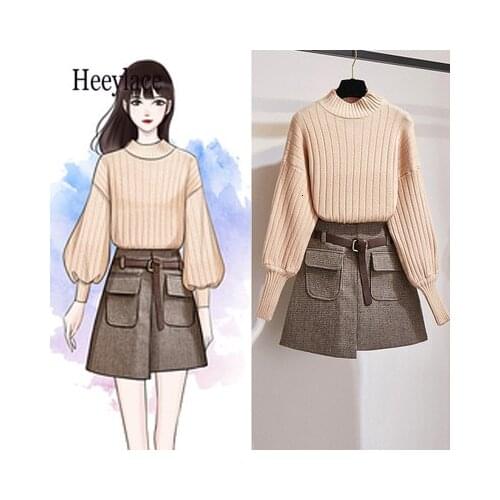 2020 Autumn Winter warm two pieces set for women korean puff sleeve Sweaters Tops+Woollen High Waist Pockets Mini Skirts Sets