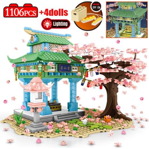 City Street View Idea Sakura Tree Creator Bricks Romantic Cherry Landscape House Building Blocks Toys For Children Gifts