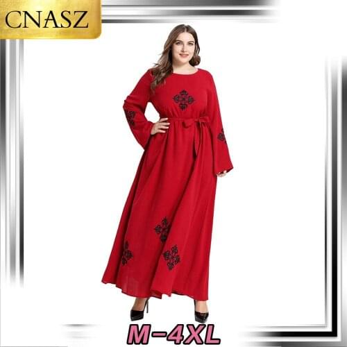 Muslim Fashion Middle East Large Size Womens Islamic Turkey Embroidered Long-Sleeved Large Swing Muslim Casual Dress Arab Dubai