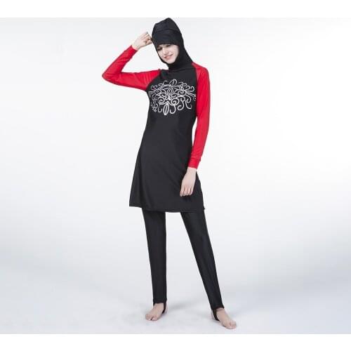 Muslim Women Swimwear 2 Piece Set Swimsuit Hijab Long Sleeve Bathing Suit Contast Color Modest Buikini Islamc Burquini Fashion