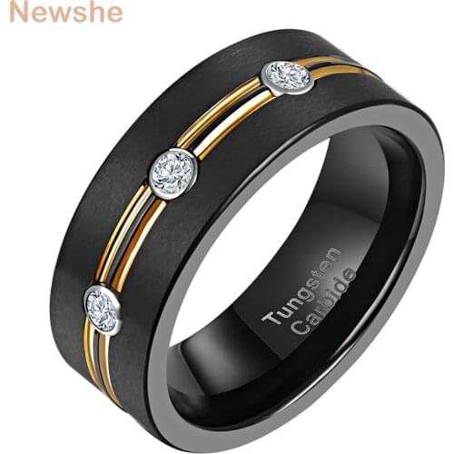 Newshe Black Wedding Rings For Men Tungsten Carbide Clear AAA Zircons Double Golden Lines Charm Ring Size 9-12 TRX077