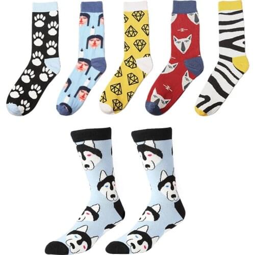 6 Pairs Men Sock Fashion Brand Husky/Zebra Awesome Skateboard Crew Sock Fixed Gear Maple Leaves Fashion Hip Hop Fashion Men Sock