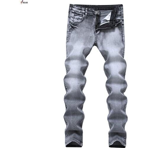 New Brand Mens Jeans Vintage Grey Slim Fit Straight Denim Jeans Male Casual Long Pants Retro Denim Trousers Biker Jeans Size 42