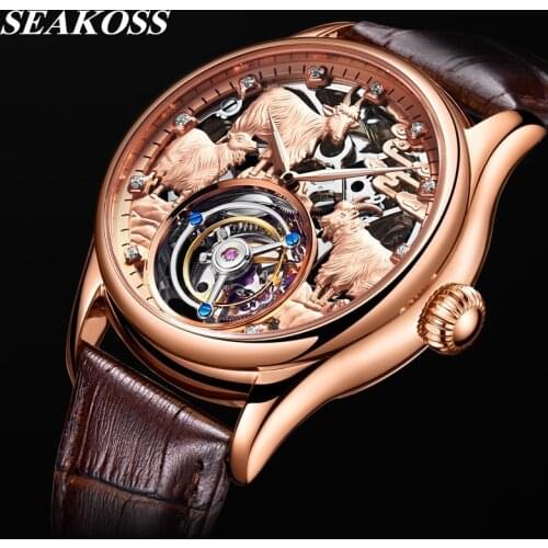 Original Zodiac Sheep Skeleton Mens Tourbillon Watch Top Brand Luxury Tourbillon Clock Men Mechanical Wristwatches SEAKOSS 2020
