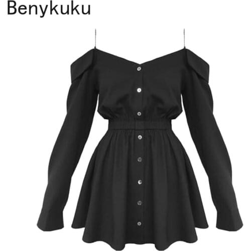 Spring Autumn Gothic Girls Dresses Hollow Out V Collar Off Shoulder Sexy Women Sling Dress Long Sleeve A Line Black Punk Dress