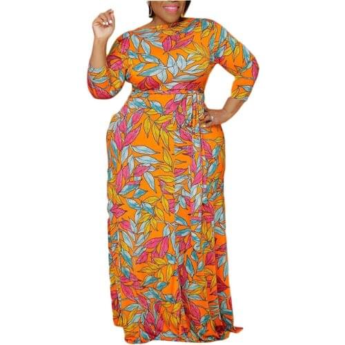 Casual Autumn Printed Long Sleeves Floor Dress Fashion Orange Plus Size Boho Dresses Femme Holiday Beach Wear Fall Clothing 5XL