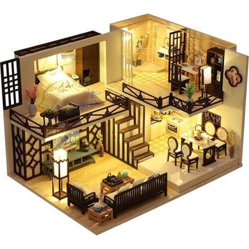 DIY Miniature Wooden Dollhouse Kit with LED Light Girls Home Crafts