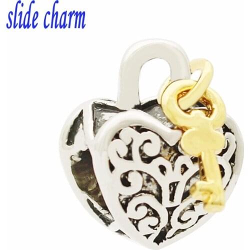 Slide charm Free shipping Mothers Day golden key luxury brands open heart beads fit Pandora bracelet Christmas Valentines Day